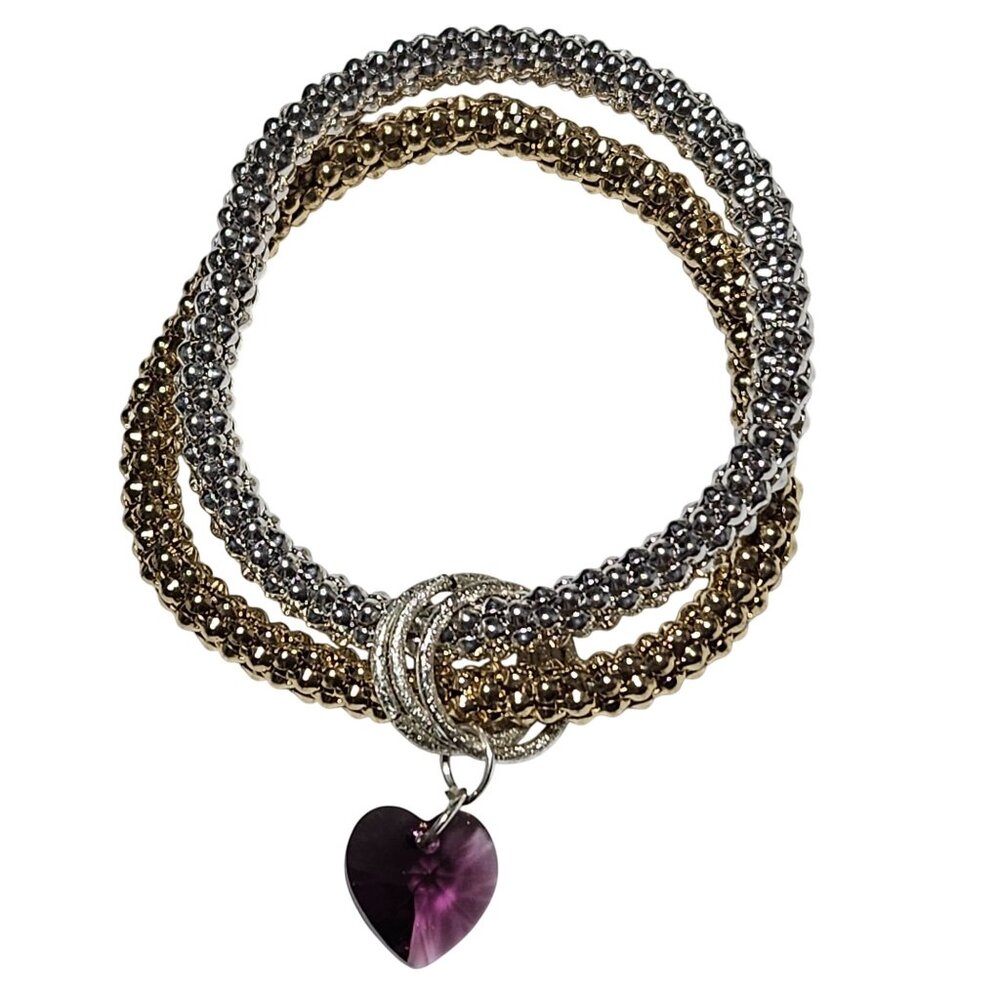 Elegant Purple Heart Charm Bracelet Gold Silver Beaded Two Strand Stretch Women